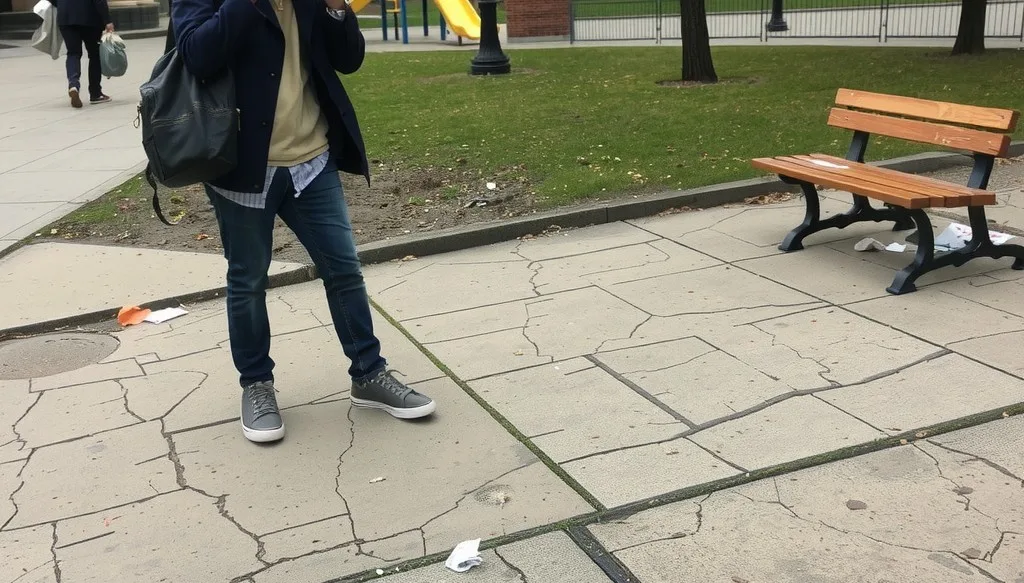 An urban park scene featuring cracked sidewalks, uneven pavement, and scattered debris.