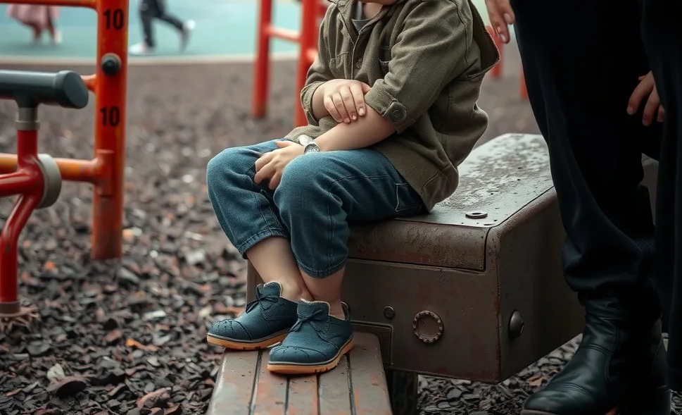 A child sits at the edge of a public playground, holding their injured arm