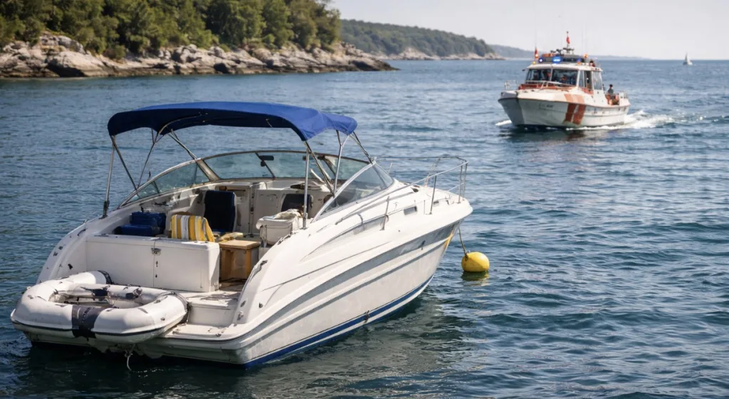 A white recreational motorboat floats on calm coastal waters near a rocky shoreline, while a rescue or patrol boat approaches from the distance.