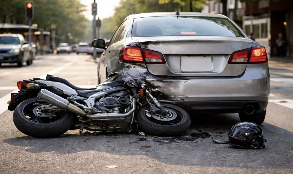 A motorcycle lies on its side after rear-ending a car at a city intersection, with visible damage to the car’s rear bumper and the motorcycle, and a helmet resting on the road nearby.