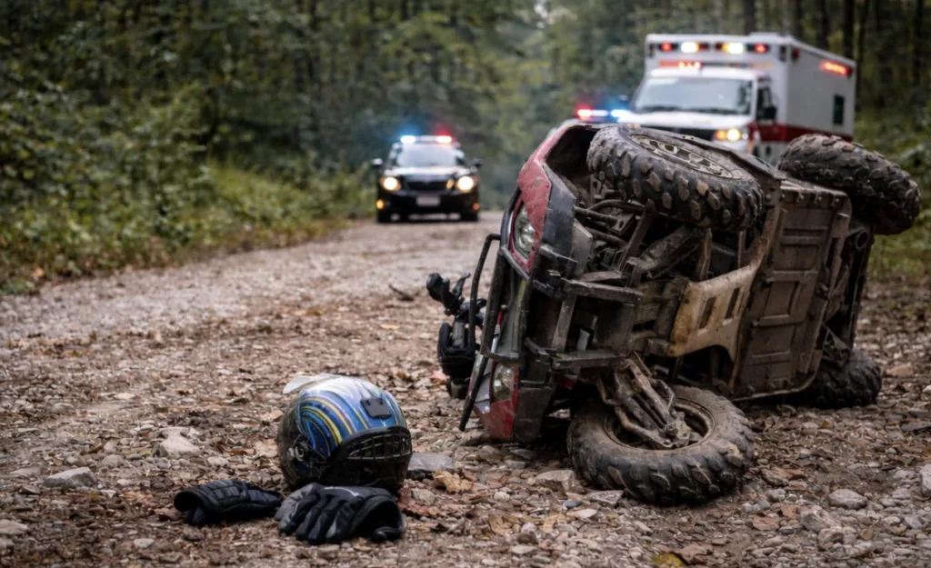 ATV accident scene showing an overturned off-road vehicle on a forest trail, with emergency responders arriving and riding gear nearby.