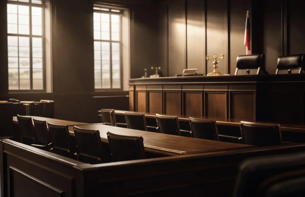 Traditional courtroom with rows of seating facing the judge’s bench