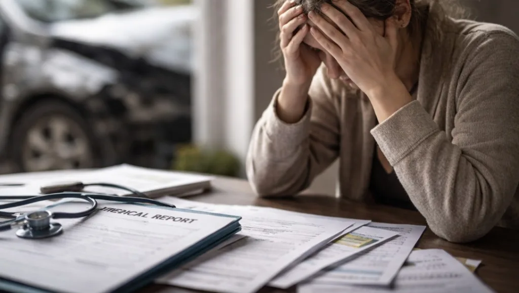 Woman stressed over medical paperwork after an accident.