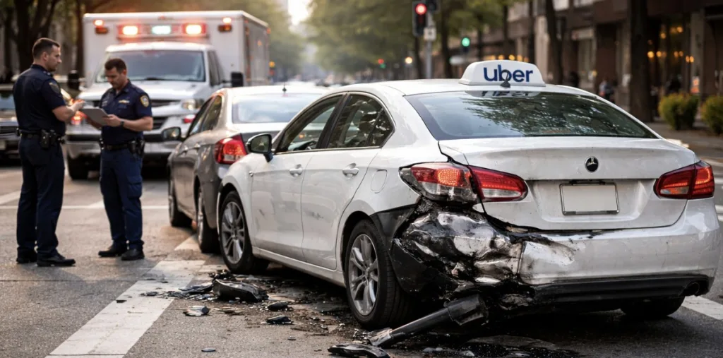 A damaged white Uber car sits at an urban intersection after a rear-end collision, with police officers documenting the scene and an ambulance parked nearby.