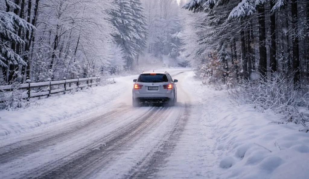 A car drives along a snow-covered road through a winter forest, with snow-laden trees lining both sides and tire tracks visible on the icy surface.