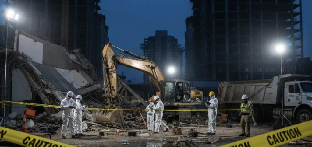 A serious construction site accident scene with heavy machinery, caution tape, and investigators examining the area