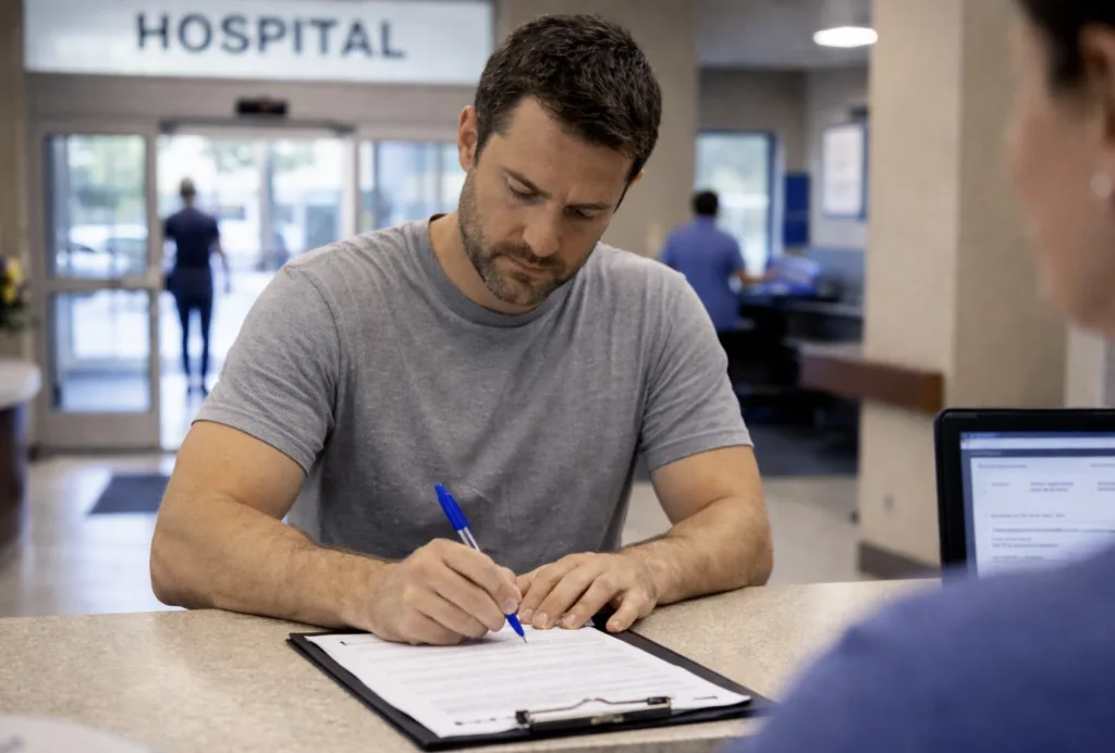A man fills out paperwork at a hospital reception desk, while staff members and the hospital entrance are visible in the background.