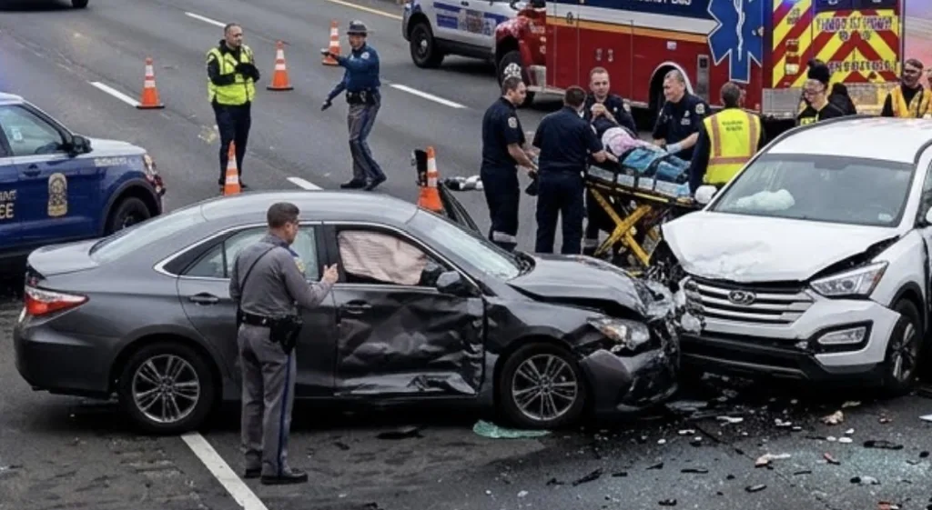 A car accident scene on a busy Connecticut highway