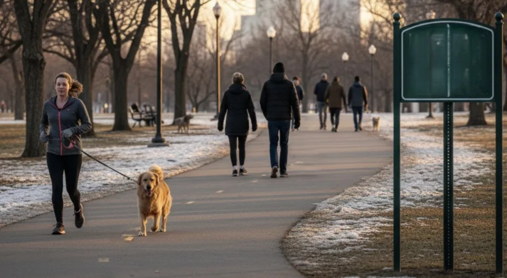 A public park trail with joggers and dog walkers, emphasizing leash laws and responsible dog ownership.