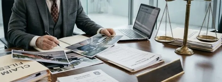A personal injury lawyer reviewing accident photos and evidence on a desk with legal documents and a scale of justice, professional office setting