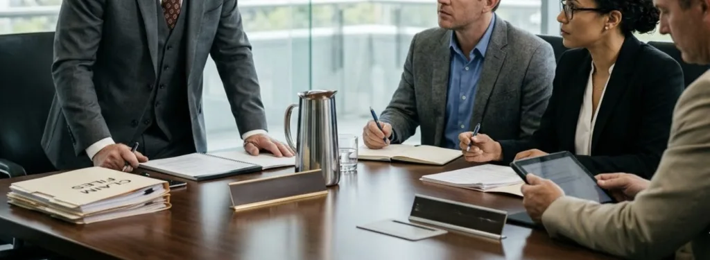 Personal injury lawyer confidently negotiating with insurance representatives across a conference table
