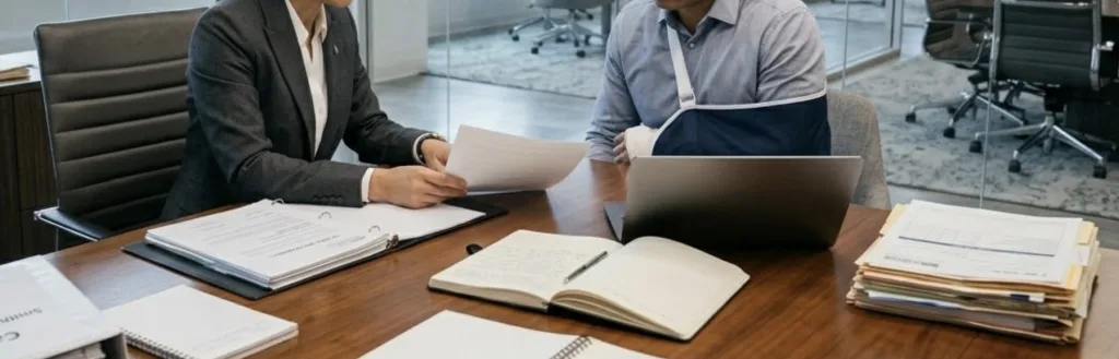 Lawyer consulting injured client in modern office, paperwork and legal documents on desk